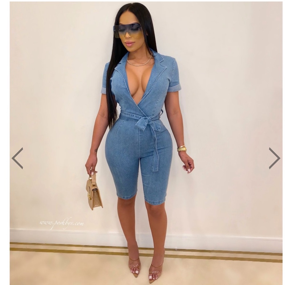 Posh By V Sashi Denim Romper Short Sleeve PoshByV